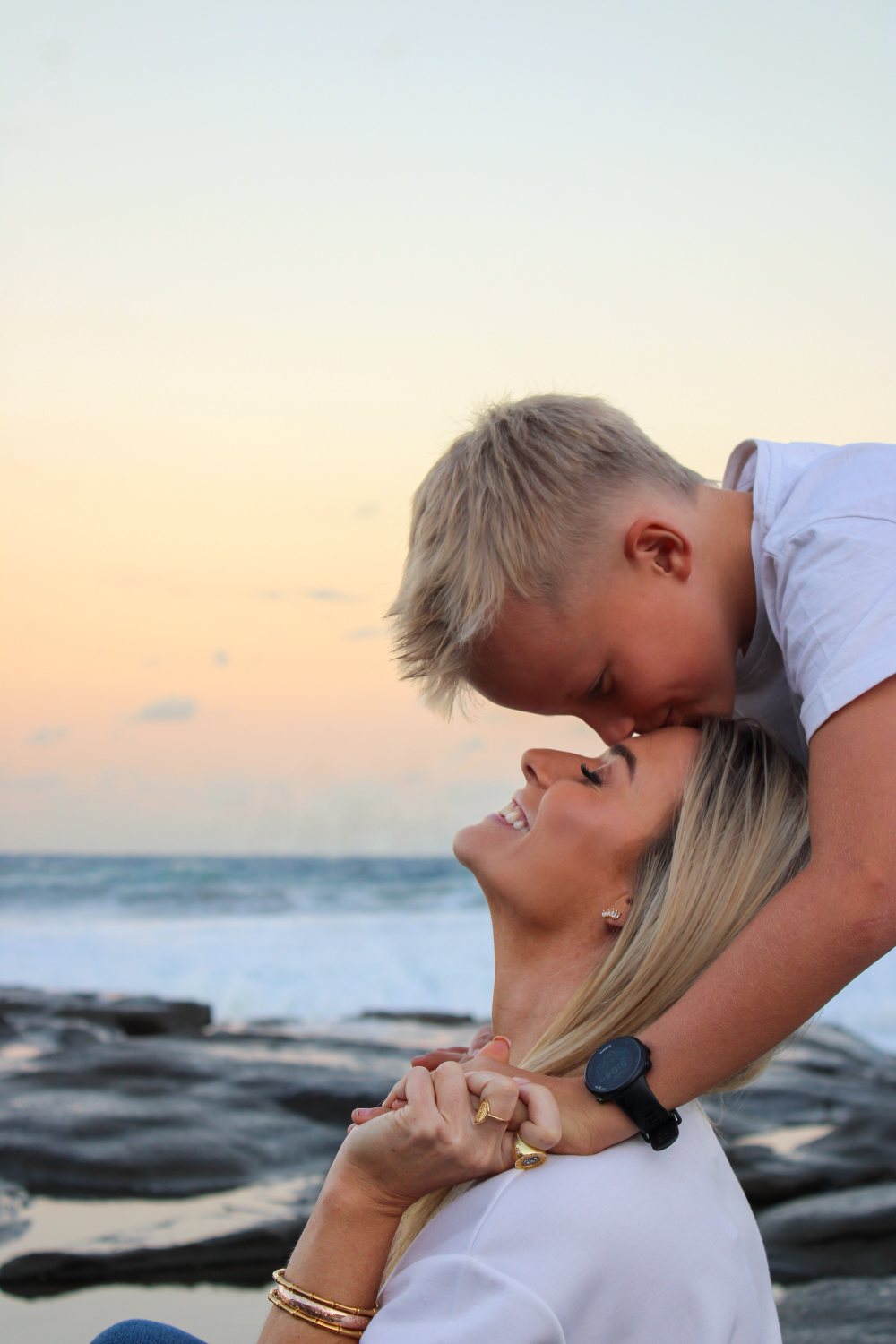 Shan Fourie and her son Jordan at the beach at sunset